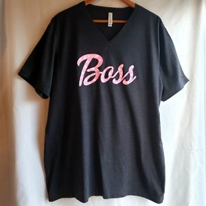 Bella Canvas Women's "BOSS" Tee, Sz: 2XL. Dark Charcoal Gray and Pink.
